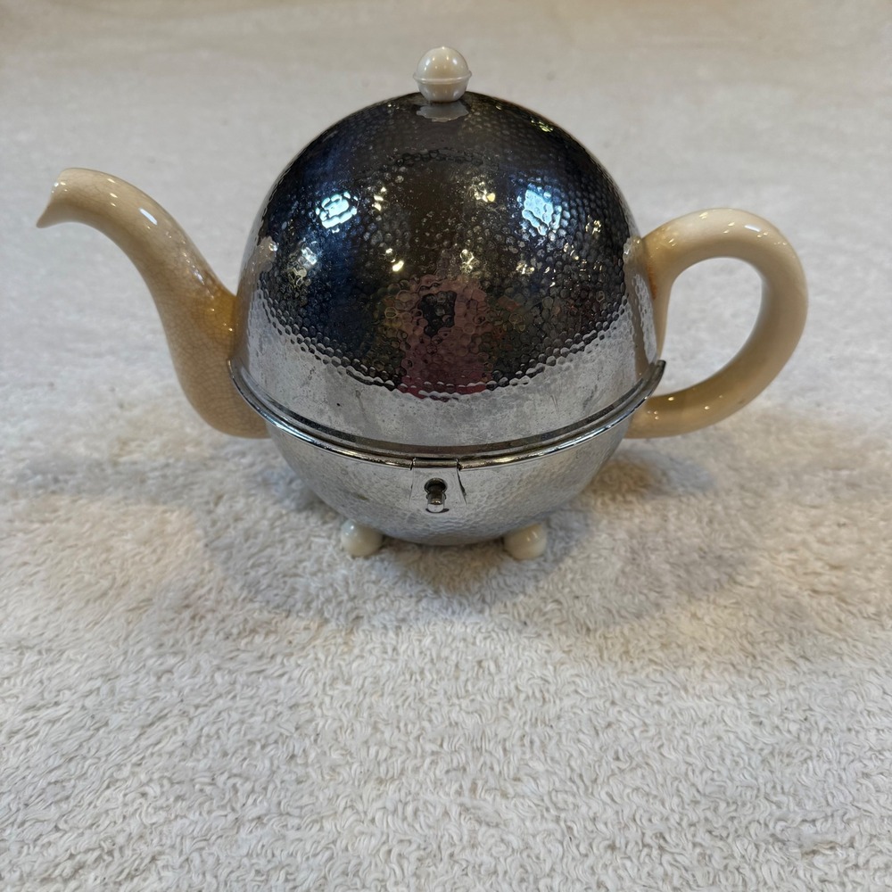 Vintage PB&B England Hammered Chrome Insulated Cozy Teapot Ceramic Art Deco